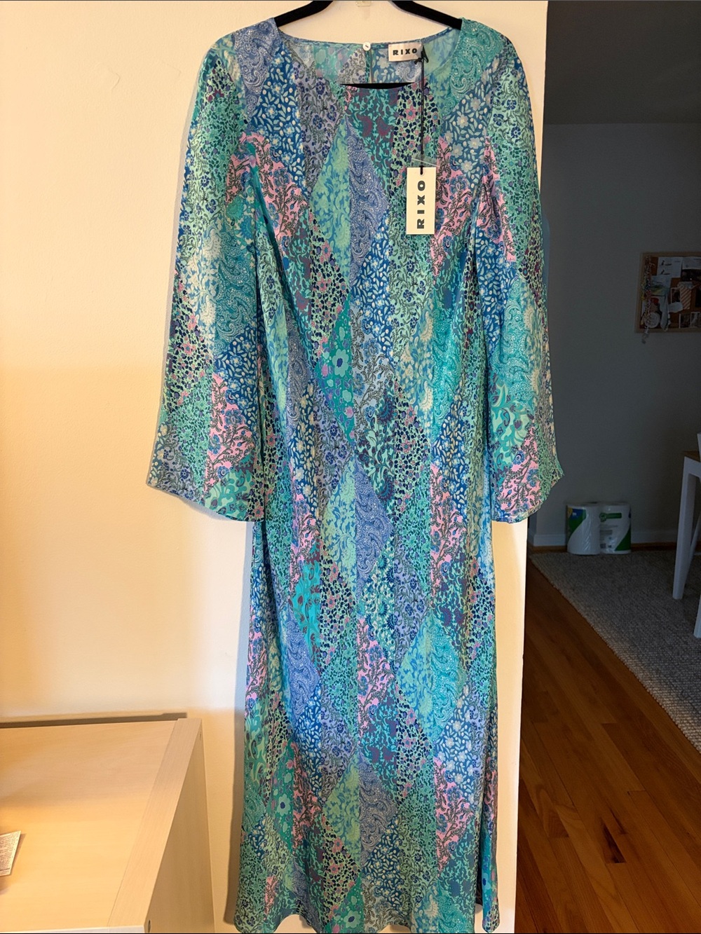 NWT RIXO Alondra patchwork floral silk midi dress